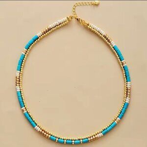 NWT Boho Beaded Layered Choker NecklaceTurquoise & 18K Gold Plated 16" Blue